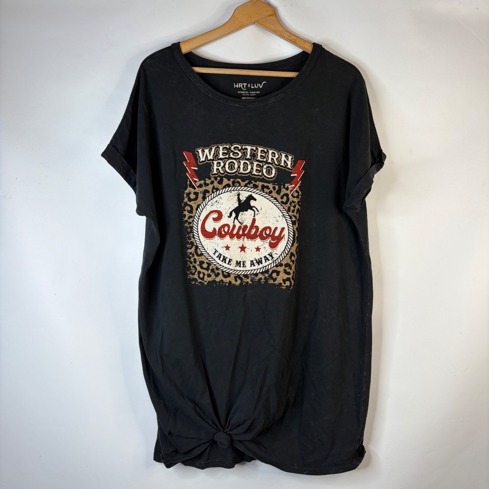 HRT & LUV Graphic T-Shirt Dress Women Medium Black Western Rodeo Cowboy Knot